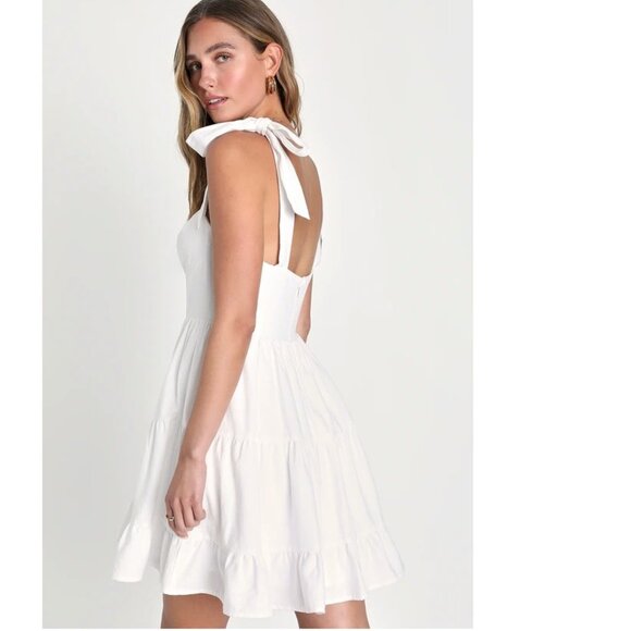 Lulus Tier-ly Delightful Off White Tie-Strap Tiered Mini Dress Small NWOT - Picture 3 of 6